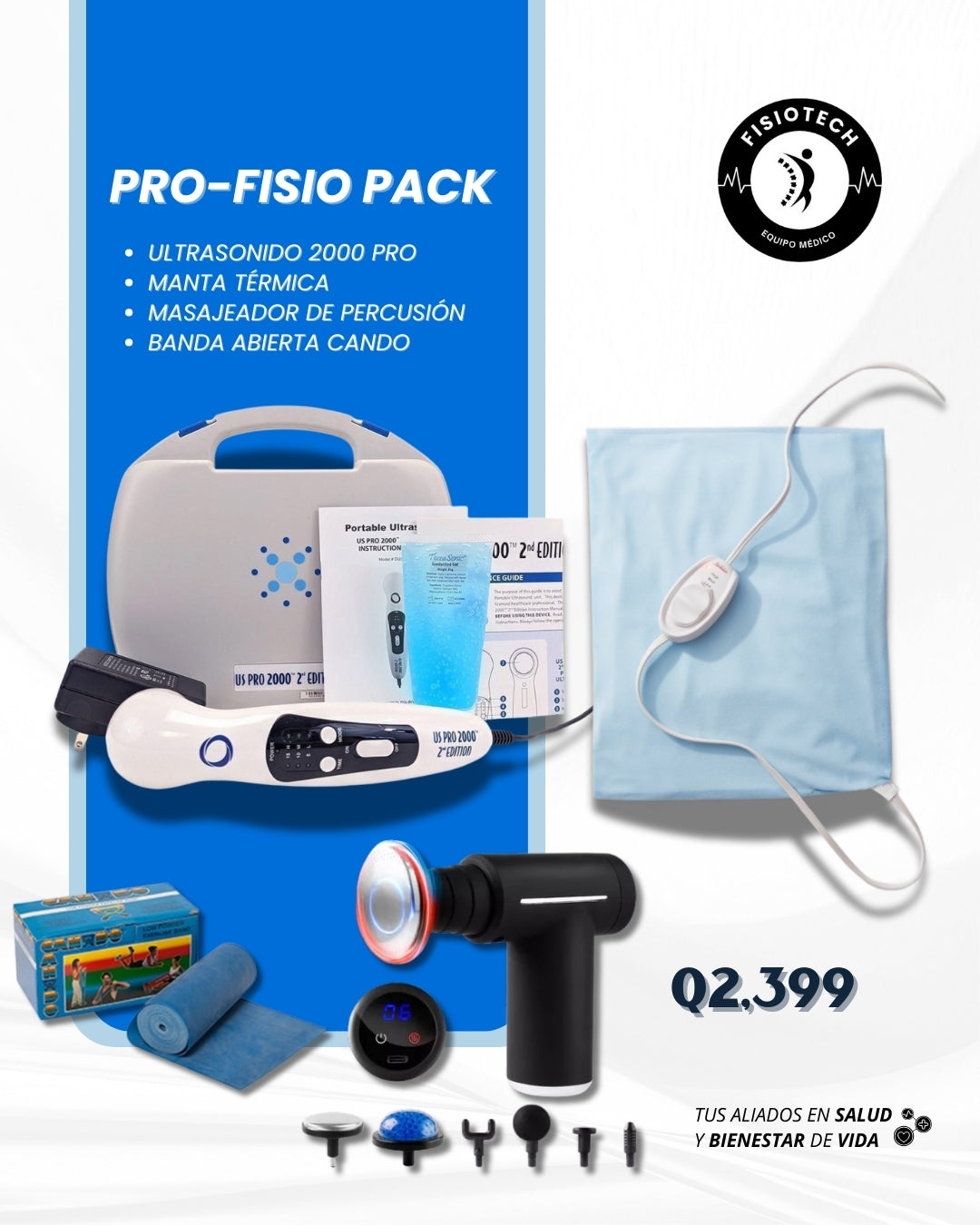Ultrasonido terapéutico 2000 pro + manta eléctrica + pistola de percusión + banda abierta CANDO