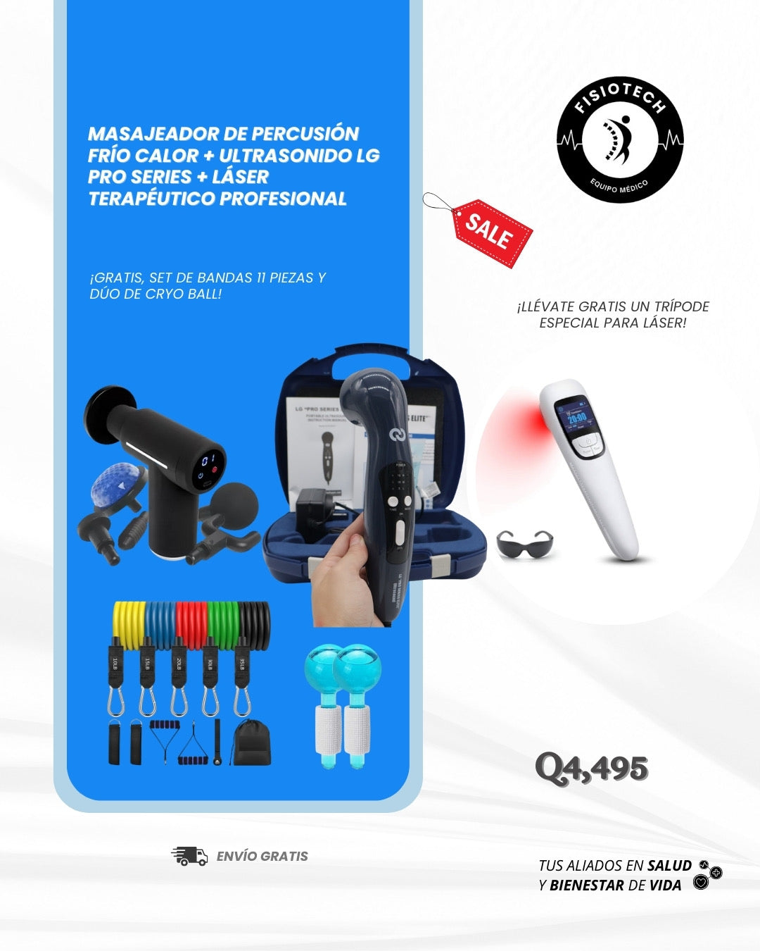 Masajeador de percusión + ultrasonido terapéutico LG pro series élite + láser terapéutico profesional + set de bandas 11 piezas + dúo de Cryo ball