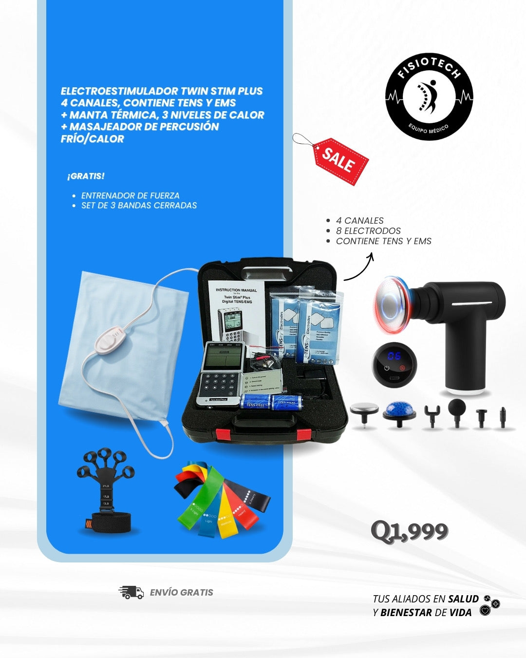 Manta térmica + Twin stim plus, TENS/EMS + masajeador de percusión + entrenador de fuerza + set de 3 bandas