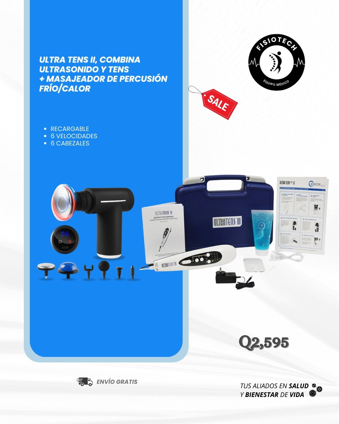 Masajeador de percusión frío/calor + Ultra tens II (combina ultrasonido y tens)