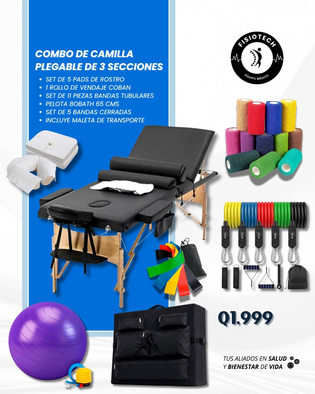 Camilla profesional, plegable de 3 secciones