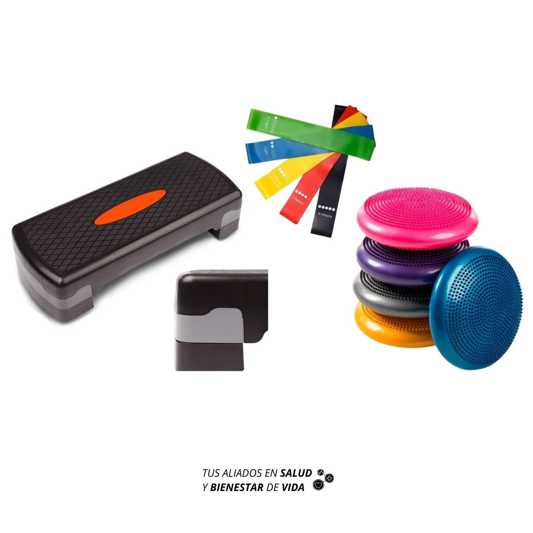 Step de salto + bandas de resistencia + disco de equilibrio 34 cms