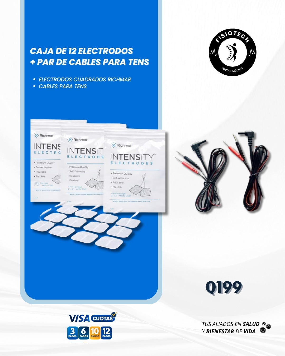 Electrodos cuadrados + cables para tens