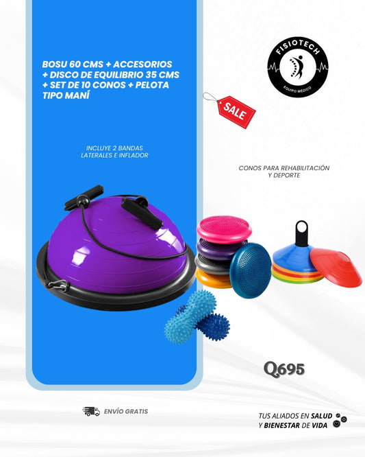 Bosu 60 cms + bandas laterales + disco de equilibrio 35 cms + set de 10 conos + pelota tipo maní
