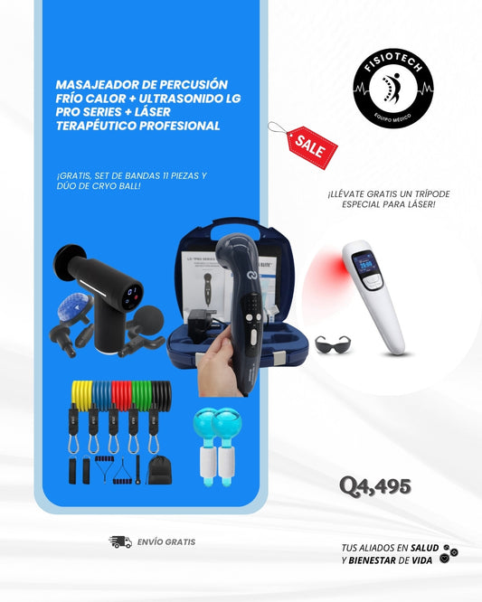 Masajeador de percusión + ultrasonido terapéutico LG pro series élite + láser terapéutico profesional + set de bandas 11 piezas + dúo de Cryo ball
