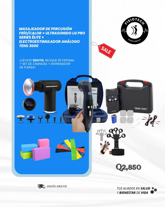 Masajeador de percusión + ultrasonido terapéutico LG pro series élite + electroestimulador análogo + bloque de espuma + set de 3 bandas + entrenador de fuerza
