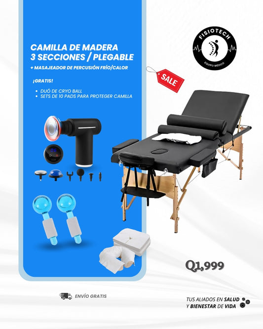 Camilla plegable de 3 secciones, altura ajustable + masajeador de percusión + dúo Cryo ball + set de 10 pads de rostro