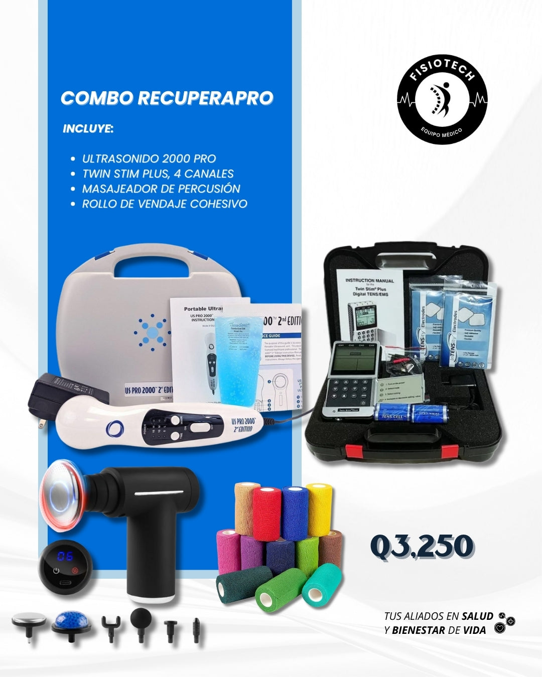 Ultrasonido terapéutico 2000 pro + twin stim plus de 4 canales + pistola de percusión frío/calor + vendaje coban