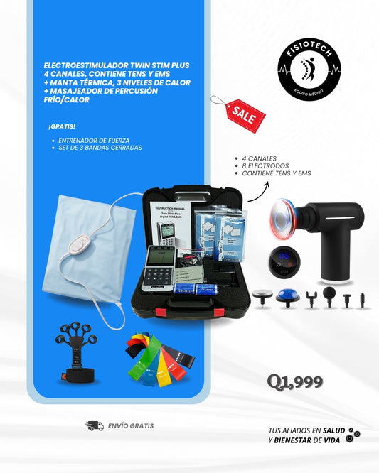 Manta térmica + Twin stim plus, TENS/EMS + masajeador de percusión + entrenador de fuerza + set de 3 bandas