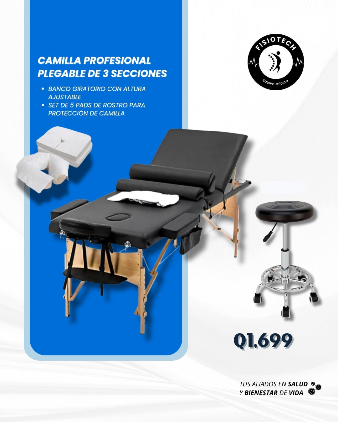 Camilla profesional, plegable de 3 secciones