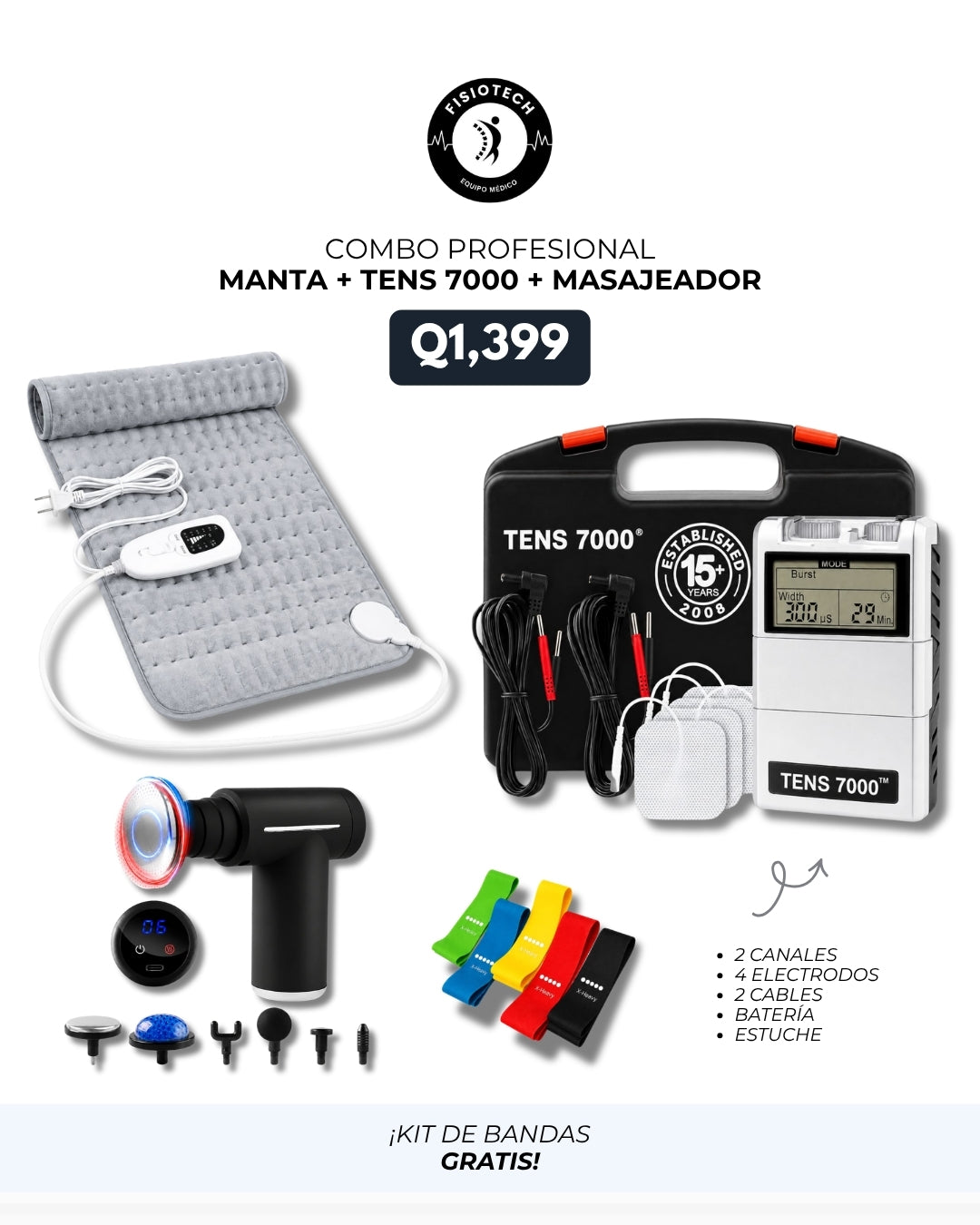 Manta king size + tens 7000 + pistola frío y calor + kit de bandas
