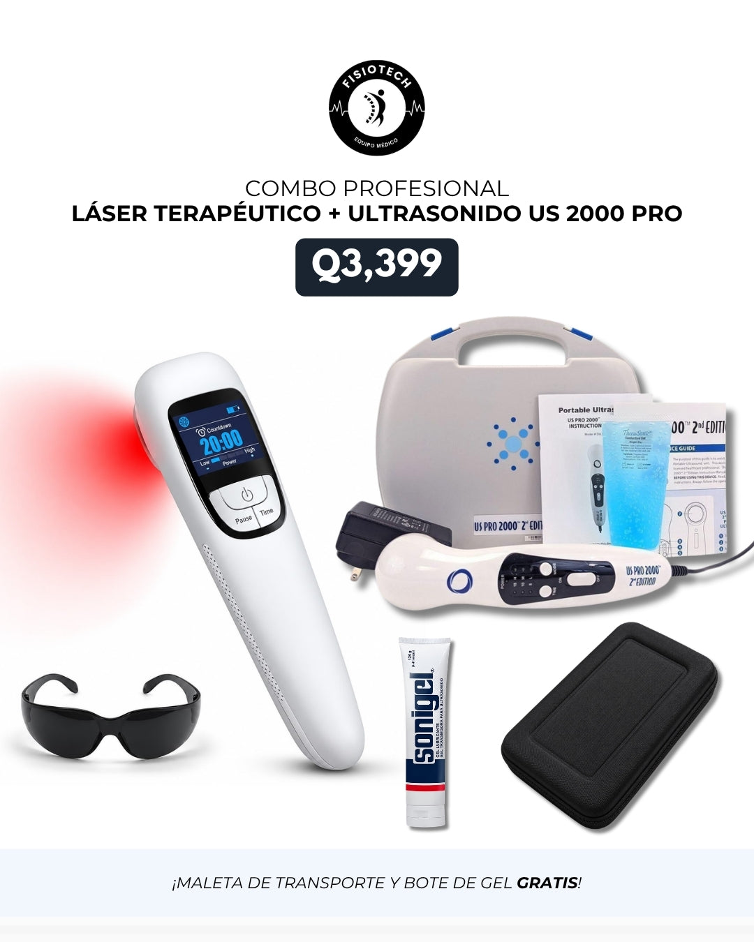Láser terapéutico + ultrasonido 2000 pro + maleta + gel