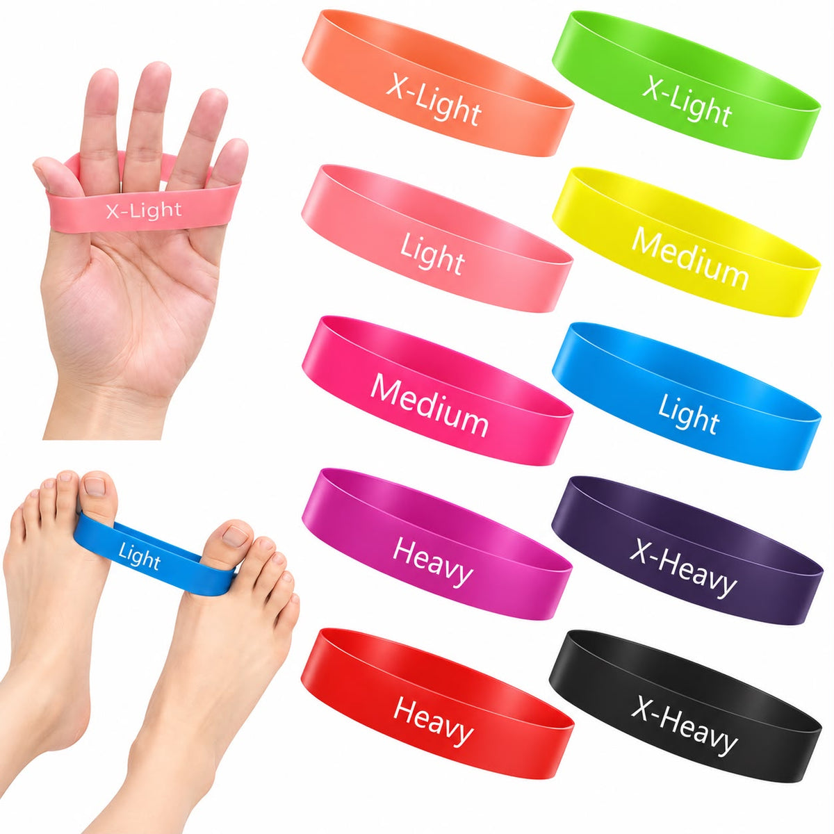 Bandas de resistencia para dedos de los pies y manos (set incluye 10 bandas)