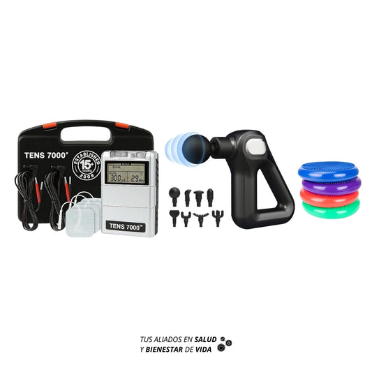 Electroestimulador digital + pistola de percusión PRO + disco de balance 35 cms